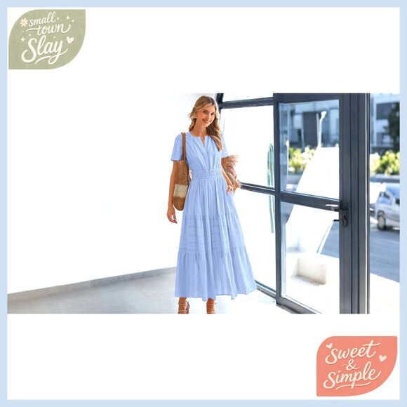 Lightweight Maxi Dress with Pockets, V-Neck, Elastic Waist - Summer Boho - Picture 7 of 7